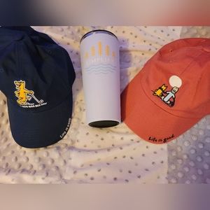Life is good bundle hats and cup new. Adjustable